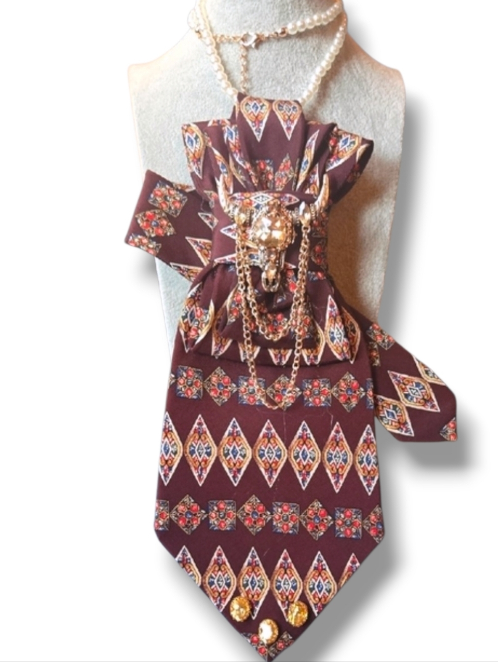 3/$60 Maroon Geometric Folded Cravat  with Gold Bull Skull Brooch And Gems